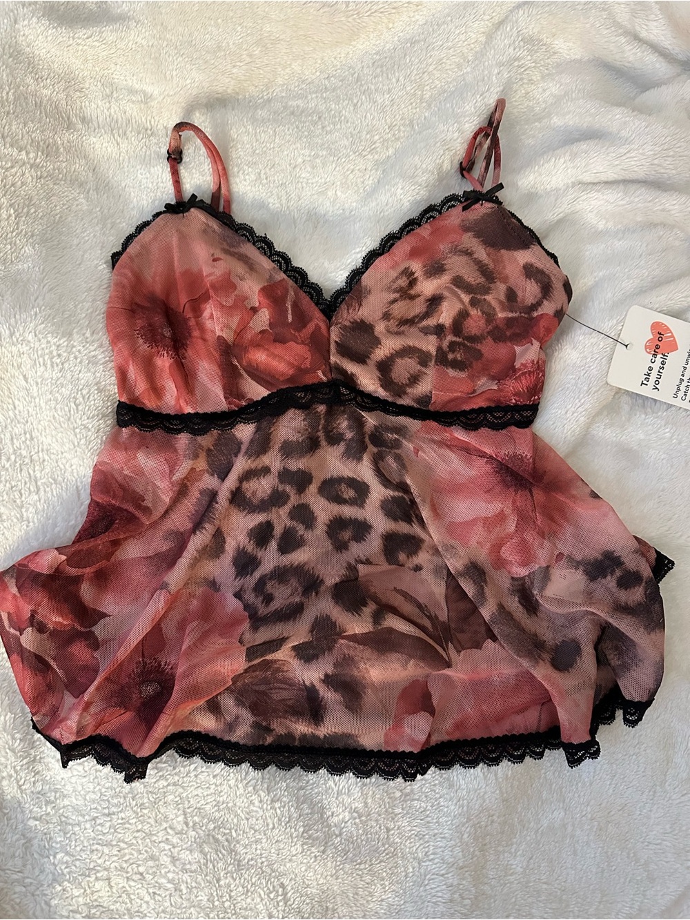 Floral & Leopard Print Pink Lace Trim Chemise